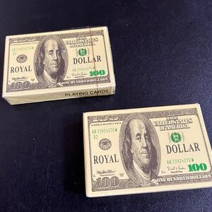 2 Decks of $100 Bill Playing Cards, Plastic Coated, 1 New in Shrink, 1 Like New